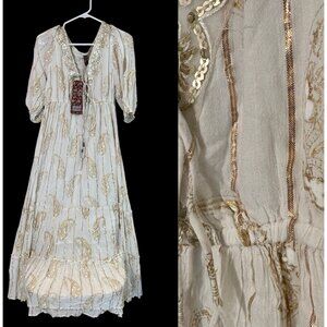 NWT Me 2 Magic Anthropologie Boho Maxi Dress XL Gold Metallic Lurex Embroidered